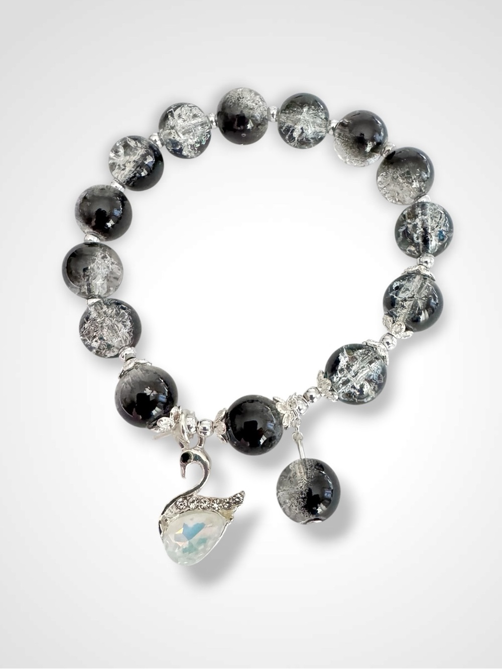 Black and Clear Bead Stretch Bracelet with Swan Charm